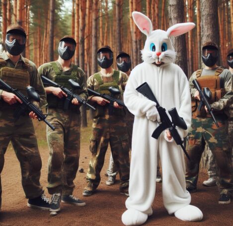 futur marié déguisé en lapin tenant un lanceur de paintball avec ses amis derrière lui