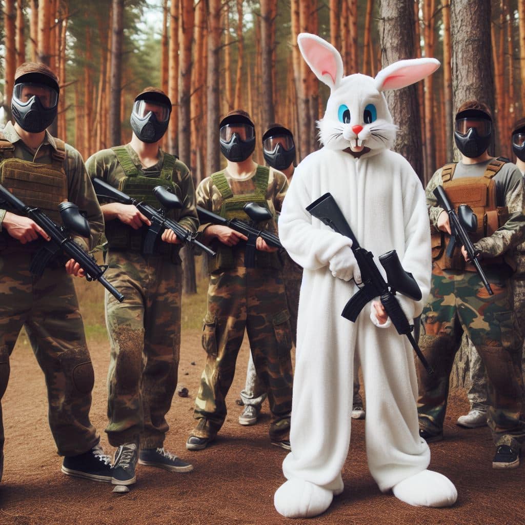 futur marié déguisé en lapin tenant un lanceur de paintball avec ses amis derrière lui